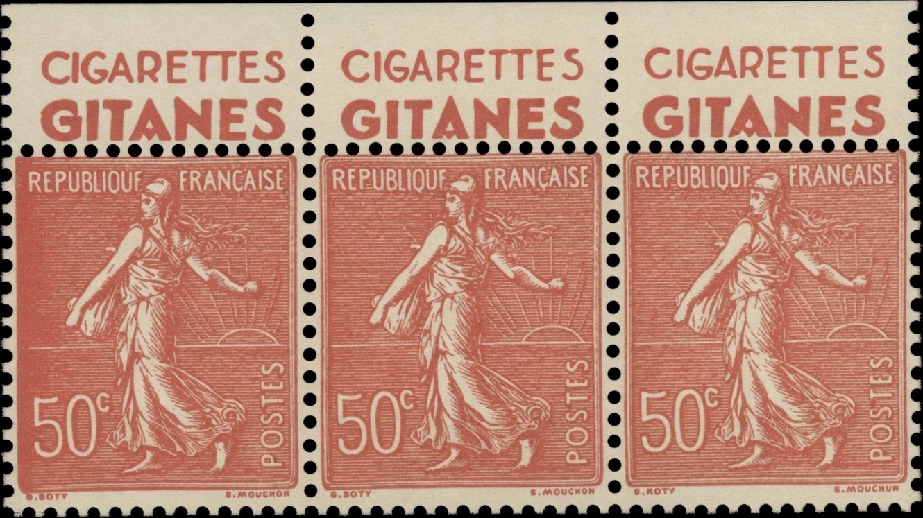 A strip of vintage French postage stamps with Cigarettes Gitanes advertising tabs